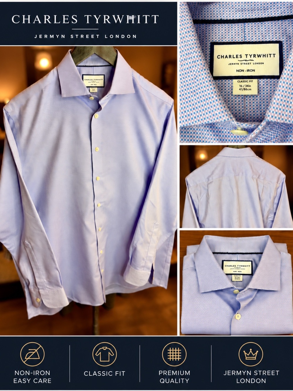 Charles Tyrwhitt Dress Shirt Mens 16/34 Classic Fit Non-Iron Blue Pink Check